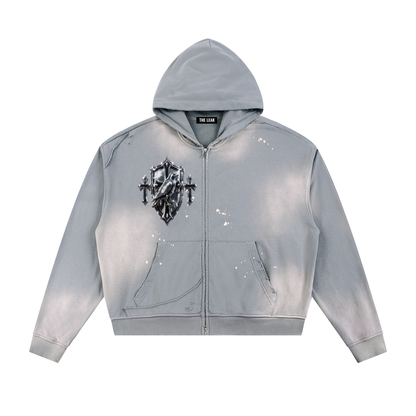 Sun Fade Frayed Raw Edge Fleece Zip Hoodie